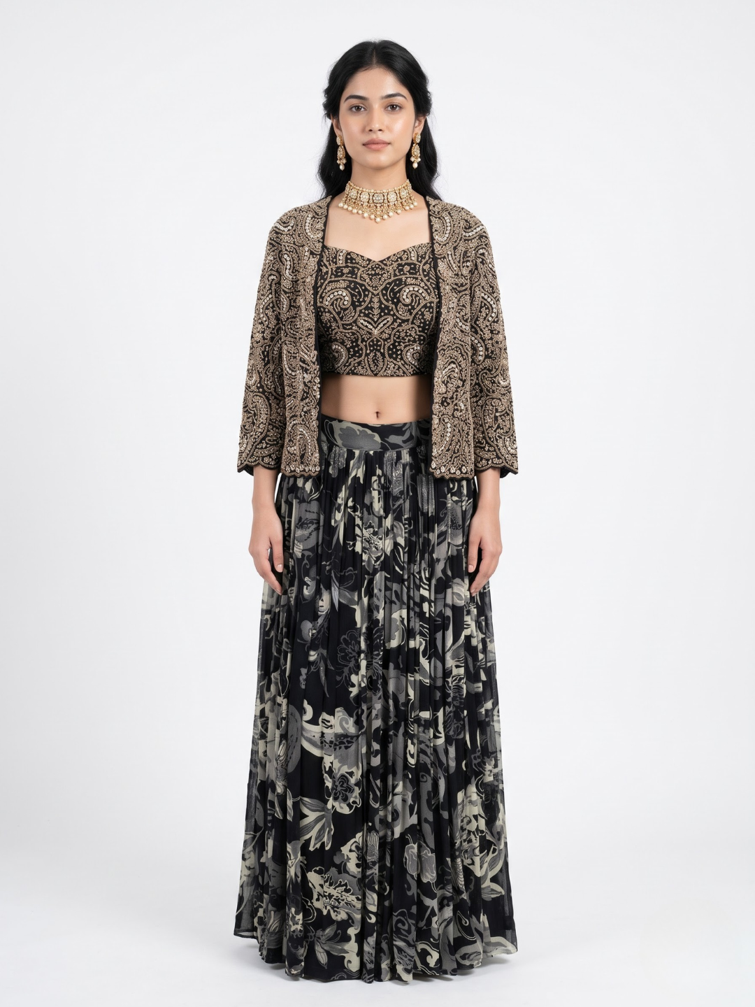 Black Georgette Indo Western with Cutdana, Pearl and Dabka Embroidery 2